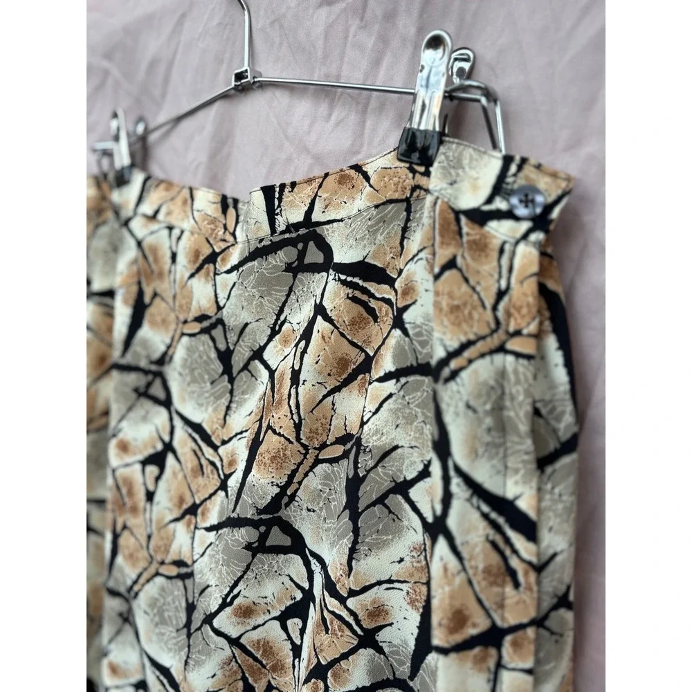 Voir Abstract Crackle Print Midi Skirt Tan Beige Black Side Zip Women's Size M - Picture 7 of 13